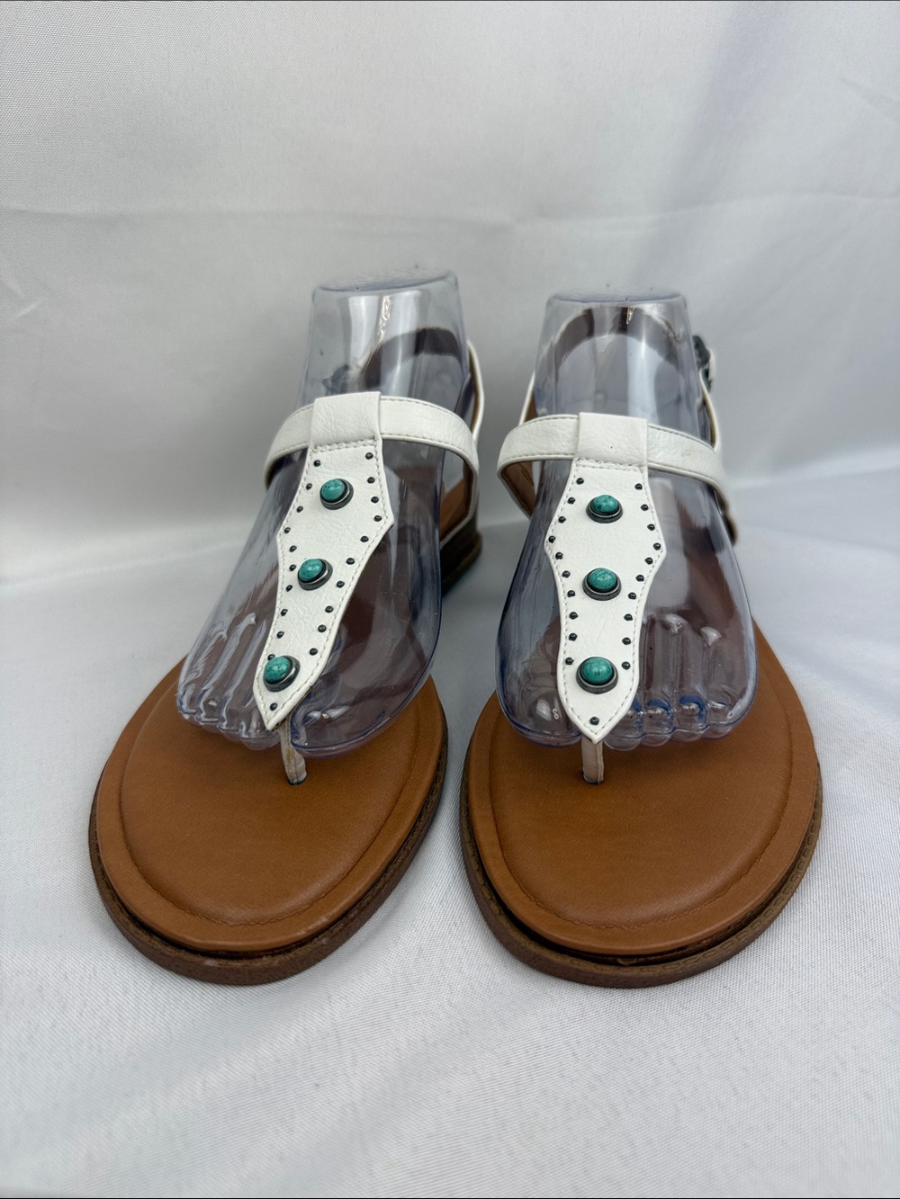 Zodiac Giselle Women's 9 White w/ Blue Stone Adjustable Strappy Thong Sandals
